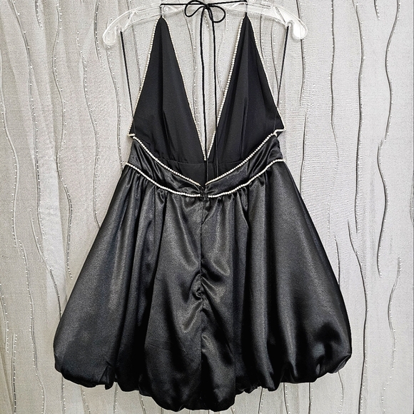 Nwot Lena Black Satin Halter Deep Plunge Rhinestone Trim Bubble Cocktail Dress - Picture 5 of 17